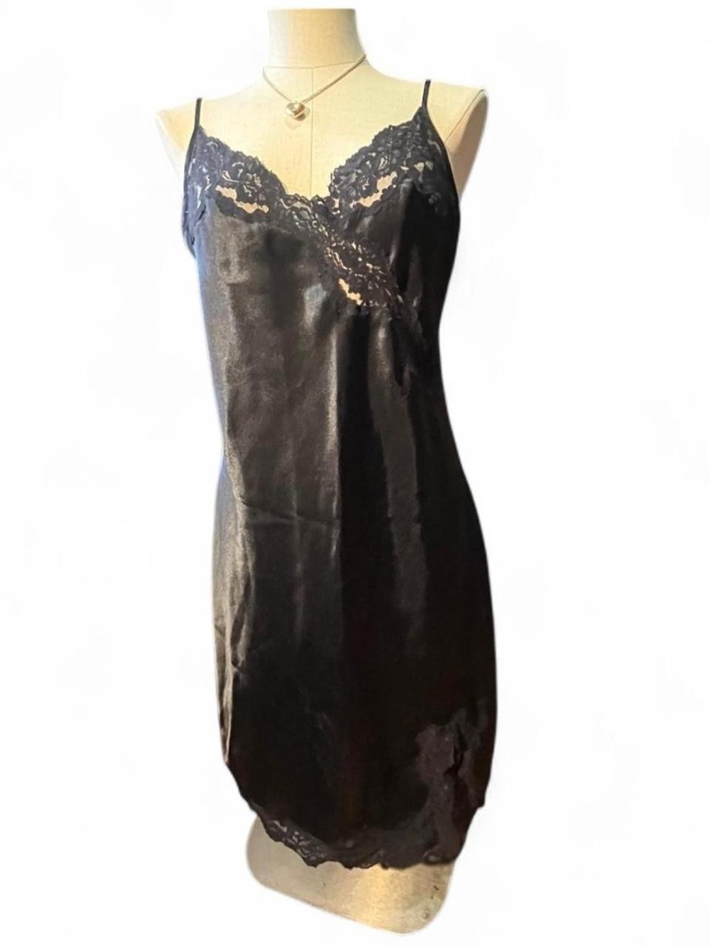 vintage Victoria's Secret Black Satin Lace Slip GOLD TAG
